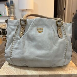 MCM Cream Leather Shoulder Bag With Whip Stiching